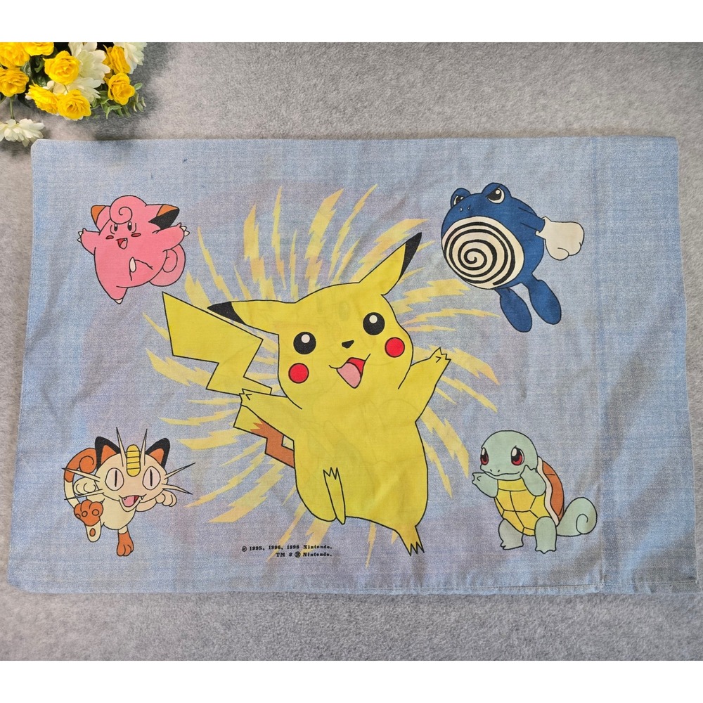 Vintage 1998 Nintendo Pokemon Pillowcase Ash Pikachu Squirtle Meowth 90s Anime